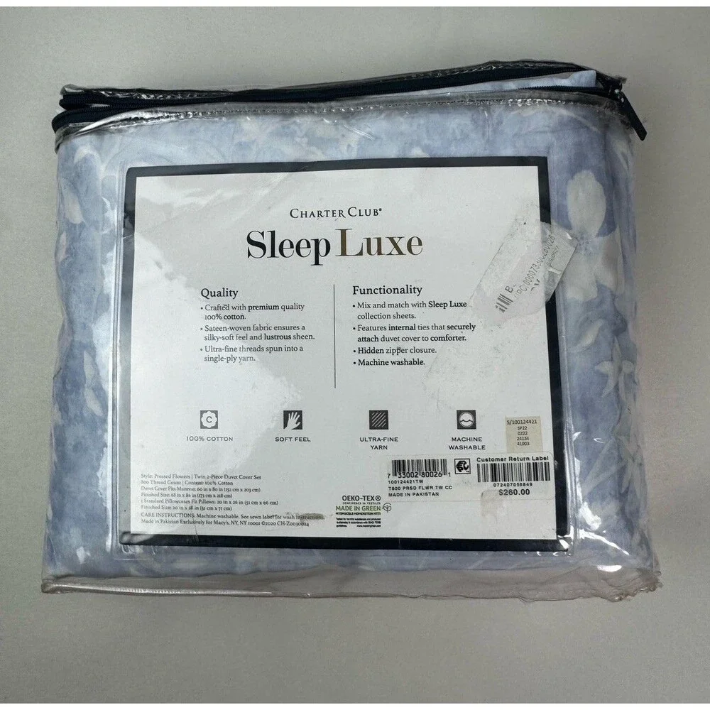 Charter Club Sleep Luxe 800 TC Twin  Printed Cotton 2 Pc. Duvet Cover Set